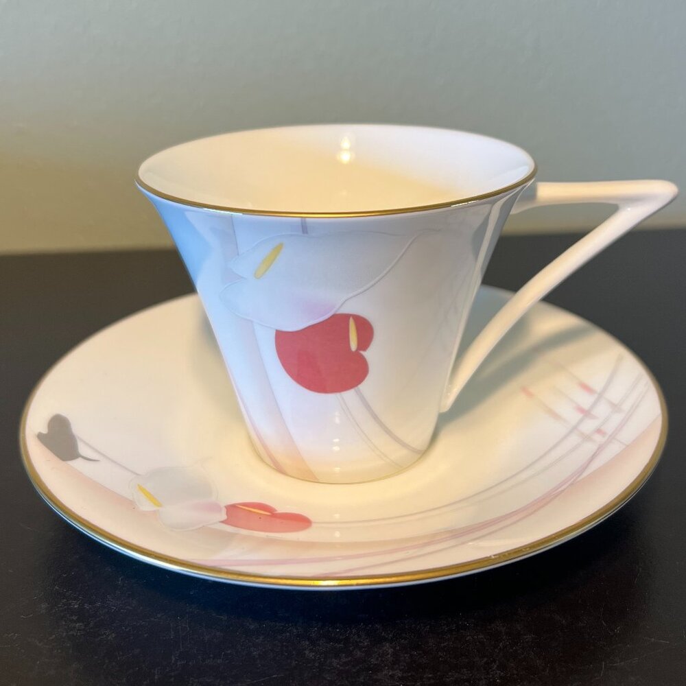 Mikasa Anthurium Bone China Cup and Saucer Set Vintage Japan CR006 Gold Trim